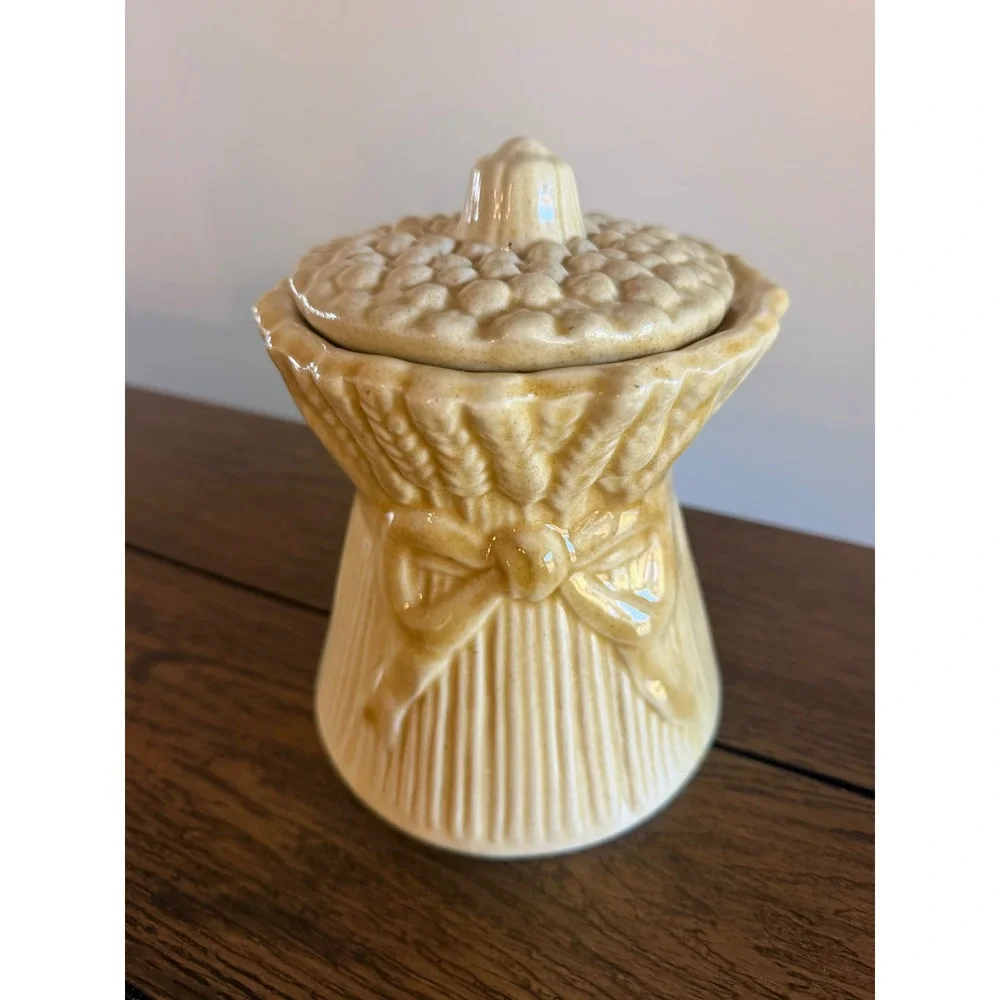 Vintage Wheat Sheaf Ceramic Lidded Jar Canister Yellow Farmhouse Harvest Decor